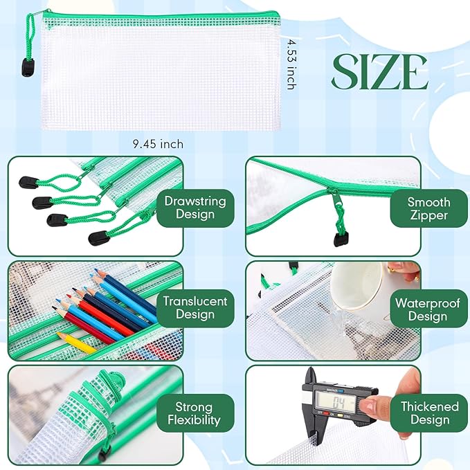Zhehao 200 Pieces A6 Mesh Zipper Pouch Bulk Mesh Bags with Zipper Waterproof Small Pencil Pouches for School Office Supplies Organization 9.4 x 4.5 Inches (Green Colors)
