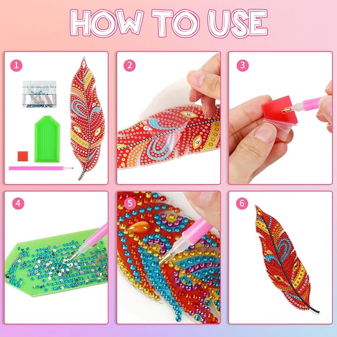 Hooqict 6Pcs 5D Diamond Art Painting Bookmarks Acrylic Diamond Art Feather Bookmark with DIY Painting Kits for Beginners Kids Adults Book Lovers Birthday Graduation Halloween Christmas Gift