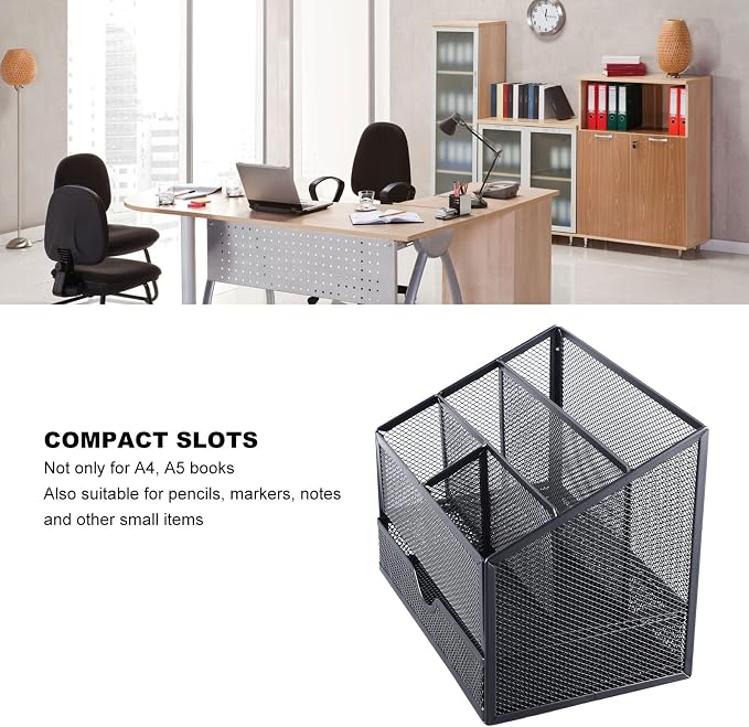 Desk Organiser, Metal Mesh with Removable Drawer, for Office Supplies, Books, Stationery and Desktop Storage, Black