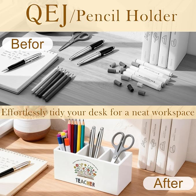 Boho Floral Teacher Pen Holder for Desk, Teacher Appreciation Gifts, Back to School Gifts for Teachers Wooden Box Pencil Pen Organizer for Home Office Desk Tabletop