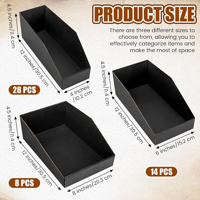 50 Pack Cardboard Storage Bins Assorted Sizes, Cardboard Boxes, 28 Pack 12x4x4.5, 14 Pcs 12x6x4.5, 8 Pcs 12x8x4.5 Corrugated Organizer Bins for Pantry, Shelves, Garage, Office, Shop