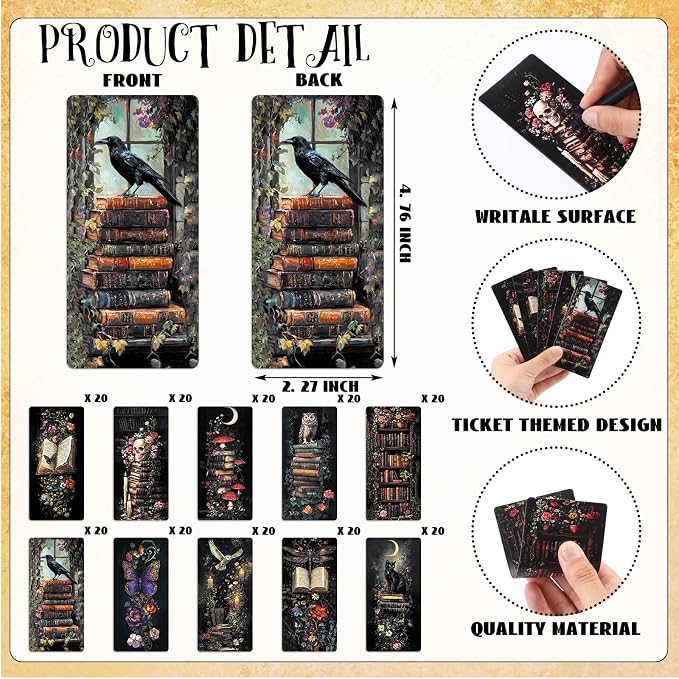 Gersoniel 200pcs Summer Halloween Dark Academia Bookmarks Bulk, 10 Designs Gothic Paper Bookmarks, Dark Romance Bookish Gifts for Book Club Party Favors Reading Accessories for Teens Adults