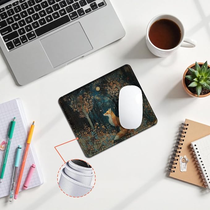 Dark Moody Forest Fox Mouse Pad, Fox Gifts for Women Men, William Morris Inspired Cottage Core Moonlight Wild Animal Mouse Pad for Home Office Computer Gaming Desk Essentials, 9.5x7.9 Inch