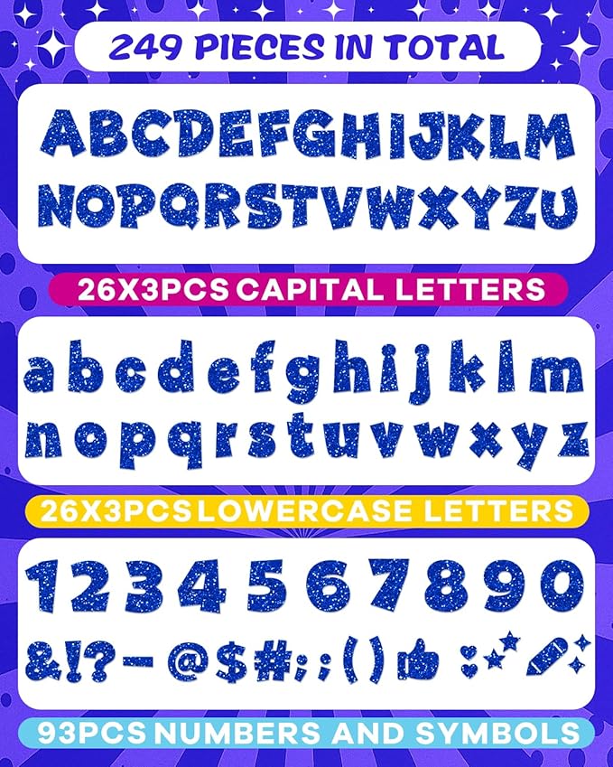 249 Pcs Glitter Bulletin Board Letters Numbers and Punctuation, 4 Inch Alphabet Poster Board Cardboard Letter Cutouts with Adhesive Dots for Classroom Bulletin Board School Decorations (Blue)