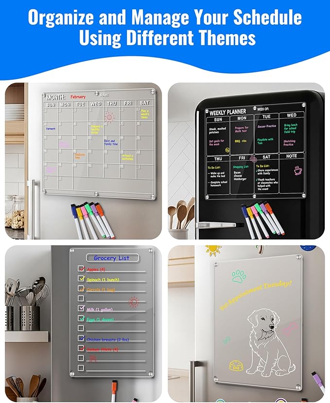 4 Pack Acrylic Magnetic Calendar for Refrigerator Set, Clear Monthly Weekly Daily Dry Erase Whiteboard for Fridge with 8 Color Markers, Meal Planner, Menu Board, Home Decor