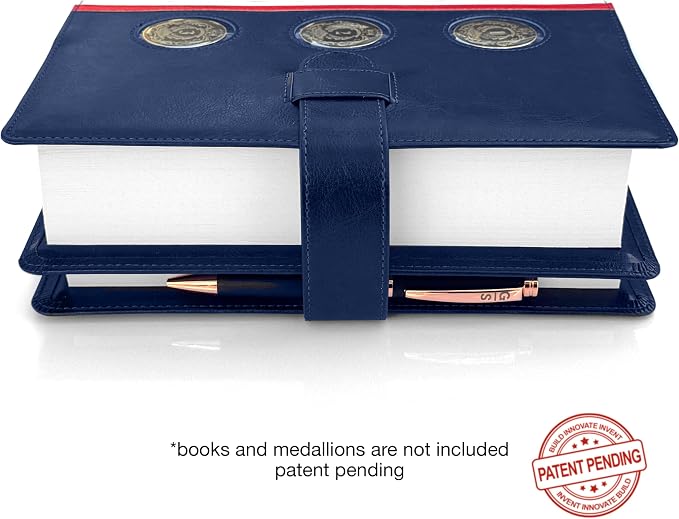 GALILEO® 3-Coin Pocket Double AA Book Cover | Showcase Your Journey | 12 Steps & 12 Traditions | PU Leather Coin Holder | AA Gift | Alcoholics Anonymous (Navy Blue/Stripe/ 3 Medallion Pockets)