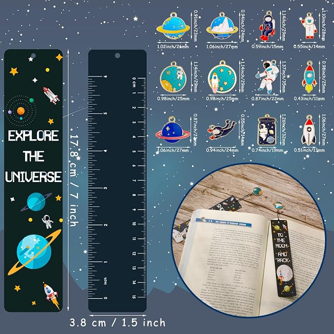 288 Pack Space Bookmarks Bulk for Kids, Outer Space Themed Party Favors, Astronaut Rocket Planet Galaxy Theme Birthday Party Favors, Bookmarks with Metal Charms for Boys Girls, Classroom Rewards Gifts