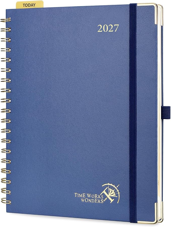 POPRUN 2027 Planner Daily Weekly and Monthly Calendar with Hourly Schedule, Monthly Tabs(Large Size 10'' x 8'' Wire-Bound Hard Cover) - Agenda 2027 (Jan.2027-Dec.2027) - Navy Blue