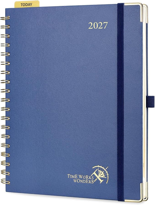 POPRUN 2027 Planner Daily Weekly and Monthly Calendar with Hourly Schedule, Monthly Tabs(Large Size 10'' x 8'' Wire-Bound Hard Cover) - Agenda 2027 (Jan.2027-Dec.2027) - Navy Blue