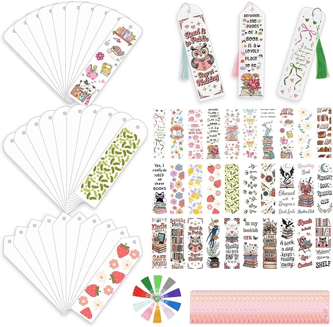 120Pcs Acrylic Bookmark Blanks Kits, Clear Acrylic Book Marks for Reading Women,30Pcs Blank Bookmarks with 30PCS Booklover Theme UV DTF Stickers and 30 Color Tassels for DIY Bookmarks Gift