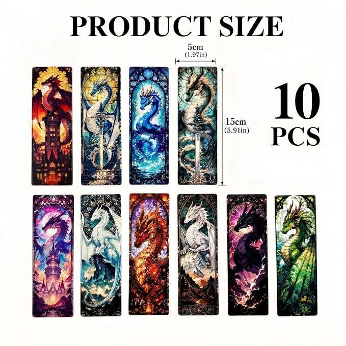 Fantasy Dragon Bookmark Gifts - 10 Pcs Cool Fourth Stained Glass Bookmarks for Men Women Book Lovers Sword Wing Page Marks Merch Bookish Birthday Graduation Gift School Reading Accessories