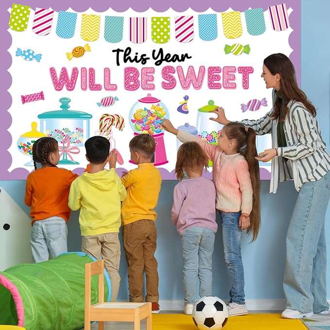 QOUBAI Candy Bulletin Board Set Sweet Theme Classroom Bulletin Board Decorations Pink Gumball Machine Cutouts Classroom Decorations for Back to School Office Home Chalkboard Decor Wall Door