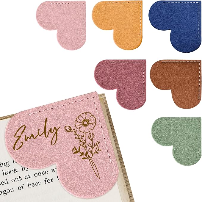 EDSG 2PCS Personalized Leather Heart Bookmark, Corner Bookmark Book Marks with Birth Flower & Name, Bookmarks for Women Men, Reading, Teachers, Birthday, Graduation, Christmas (Style-3, 2PCS)