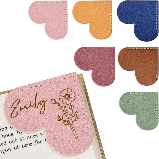 EDSG 2PCS Personalized Leather Heart Bookmark, Corner Bookmark Book Marks with Birth Flower & Name, Bookmarks for Women Men, Reading, Teachers, Birthday, Graduation, Christmas (Style-3, 2PCS)