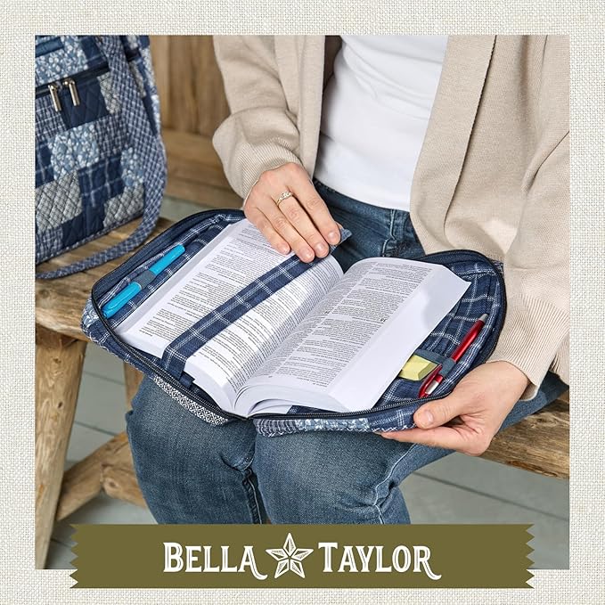 Bella Taylor Small Bible Cover for Women, Quilted Cotton Fabric Bible Case for 6 x 9 inch Bibles, Heritage Blue Patch