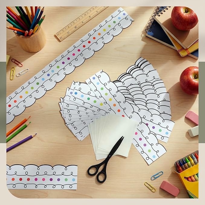 Leinuosen 50.5 ft Bulletin Board Border 44 Pcs Squiggles and Dots Die Cut Border Trims with 20 Sheet Glue Point Bulletin Back to School Decoration for Classroom School Office (Colorful Dots)