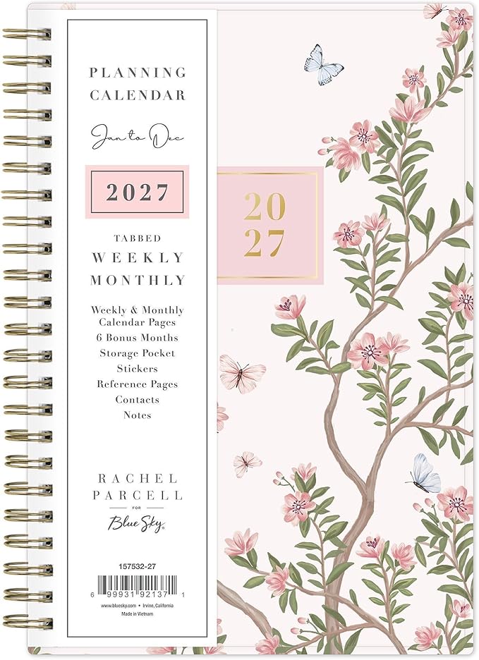 Blue Sky Rachel Parcell 2027 Weekly and Monthly Planner Calendar, January 2027 - December 2027, 5" x 8", Clear Pocket Cover, Durable Twin Wire Binding, Laminated Tabs, Pocket, Stickers, Cherie