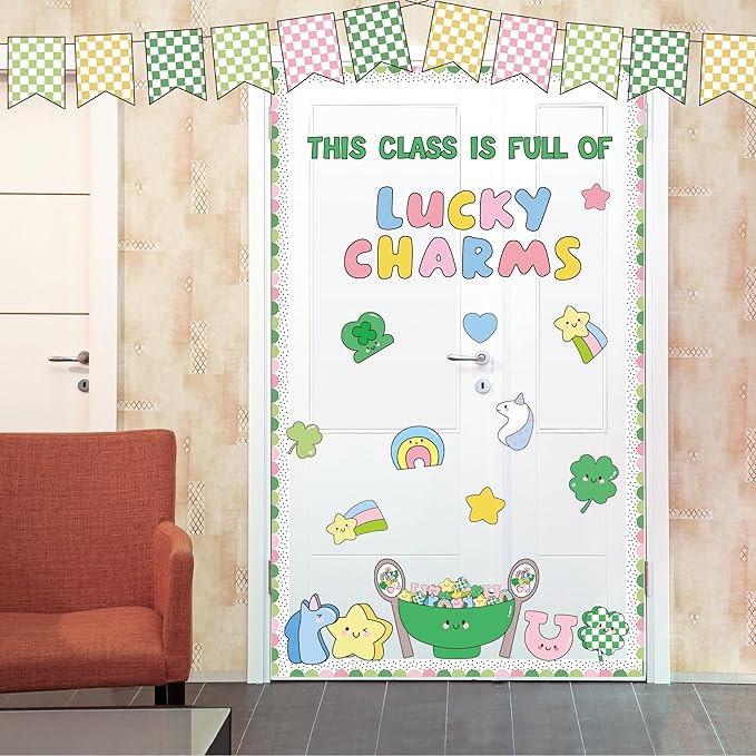 St. Patrick's Day Bulletin Board Decorations Classroom Bulletin Board Set Irish Clover Unicorn Cutouts for School Chalkboard Wall Door St. Patrick's Day Party Supplies