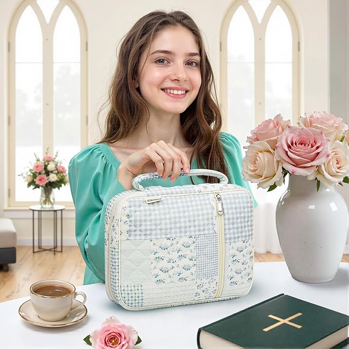 WOBAGMEN Bible Cover Case for Women,Large Bible Tote Bags Organizer Quilted Carrying Case for Girls,Bible Study Supplies Accessories Christian Gifts for Women (greenblue pin, L)
