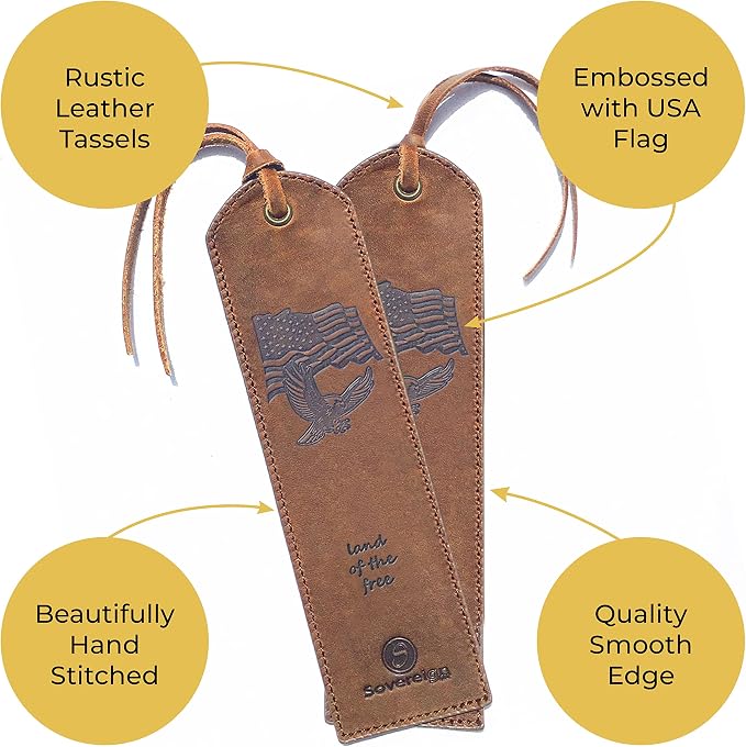 Sovereign-Gear Premium Leather Bookmark | Elegant Smart Bookmark for Men and Women | 2-Pack Leather Bookmarks with USA Flag & Eagle for Readers, Writers, and Book Lovers (7x2)