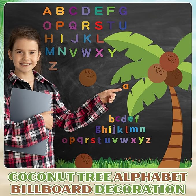 Gilprop 71 Pcs Coconut Tree Alphabet Bulletin Board Set Letter Classroom Decoration Bulletin Board Cutouts with 100 Adhesive Dots for Wall Home Teachers Kindergarten Primary School Education Supplies