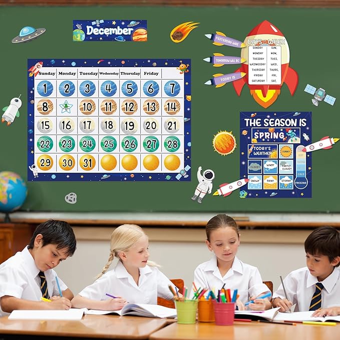 Space Calendar Bulletin Board Set for Classroom Decoration Outer Space Calendar Seasons Weather Chart Rocket Astronaut CTP Bulletin Board Paper-Cuts for Teachers Elementary School Classroom