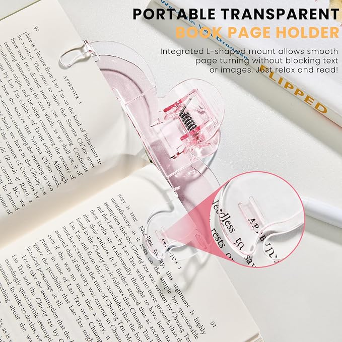 Transparent Book Page Holder for Reading, Large Book Clips to Hold Book Open, Page Holder Clip for Fixing Music Book, Page Marker for Teaching, Cooking （Pink）