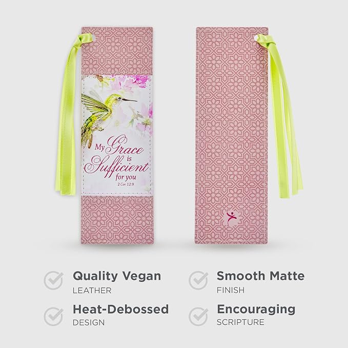 Christian Art Gifts Premium Vegan Leather Scripture Bookmark for Women: Grace is Sufficient Inspirational Bible Verse Cute Hummingbird Book Accessory, Pink Multicolor Floral & Lime Green Satin Ribbon
