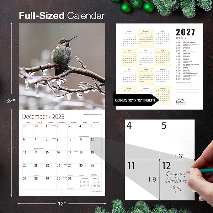 MICASA PRESS Hummingbirds 2026 Wall Calendar 12 Month | 12" x 24" Open | Thick & Sturdy Paper | Giftable | Bird Calendar 2026
