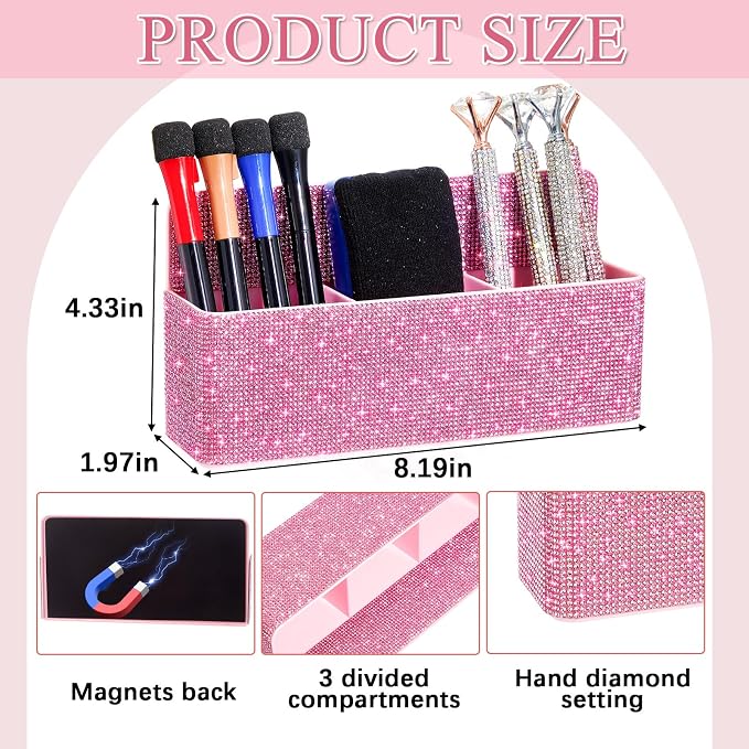 MotiMind Pink Locker Accessories for Girls, Bling Magnetic Pen Holder for Refrigerator, Back to School Rhinestone Marker Holder for Locker, Sparkly Gift for Student (Large,Rhinestone)