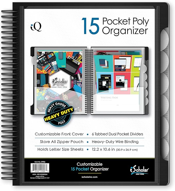 iScholar iQ+ 15 Pocket Organizer, 12.2 x 11 Inches, Tabbed Dividers, Black (39906-BK)