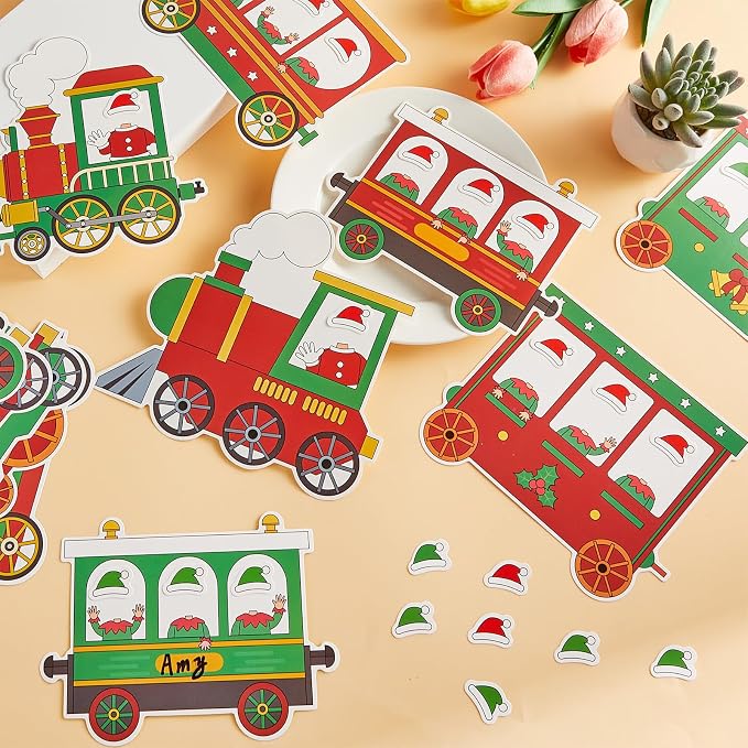 60pcs Christmas Theme Cutouts Xmas Trains Bulletin Board Decoration Set Christmas Train Paper Cut-Outs Classroom Decor for Xmas Holiday DIY Photo Craft Winter Party School Classroom Wall Door Supplies