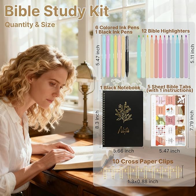PUGPIU Bible Cover Case for Women, Large Quilted Bible Bag with Shoulder Strap and Handle, Bible Study Supplies Journaling Kit with Highlighters Pens No Bleed Tabs Notebook Cross Clips (Black)