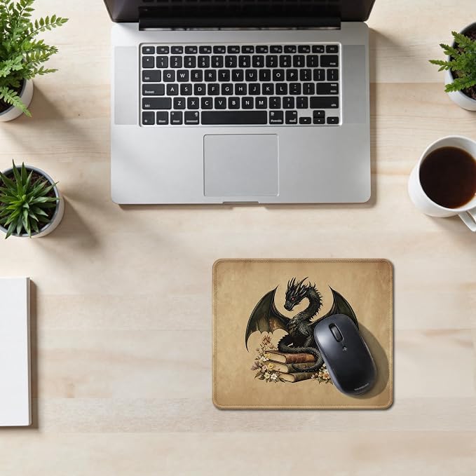 Vintage Book Lover Dragon Mouse Pad, Black Baby Dragon Mouse Pad for Book Readers, Fantasy Desk Accessory for Home Office Computers Laptop, Bookish Gift for Reading Lovers, 9.5x7.9 Inch