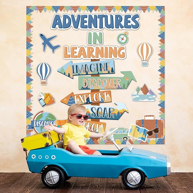 Adventures in Learn Bulletin Board Set Let The Adventure Begin Moving Mountains Classroom Decorations Travel Theme Bulletin Board Let's Explore Voyage Motivational Paper Cutouts for Classroom Decor