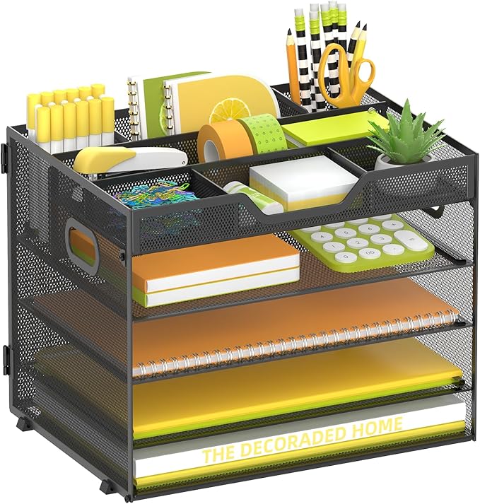 SUPEASY 5 Tier Desk Organizer, Mesh Letter Tray Paper Organizer with 4 Adjustable Storage Compartments & Pen Holder, Metal Desk Accessories for Home Office School, Black