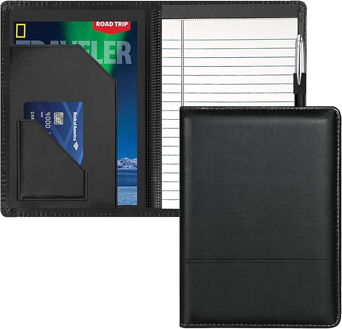 Junior Padfolio Folder - A5 Portfolio Binder Case with 5 x 8 Writing Pad and Interior Storage Pocket Executive Business Organizer for Men Women, Black