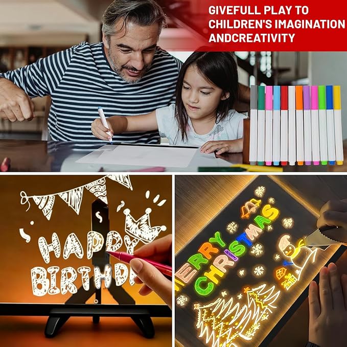 LED Note Board with Colors,14''x10'' Acrylic Led Drawing Board with 12 Markers,Dry Erase Boards Music Sync&Flash Modes,Dimmable Brightness for Cafe/Bar/Home/Party Deco