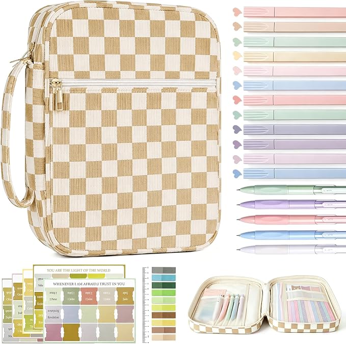 Bible Cover case for Women,Large Bible Bag,Bible Study Supplies,Checkered Corduroy Bible Case for Girls,Christian Gifts for Women,Mother's Day(Khaki Large)