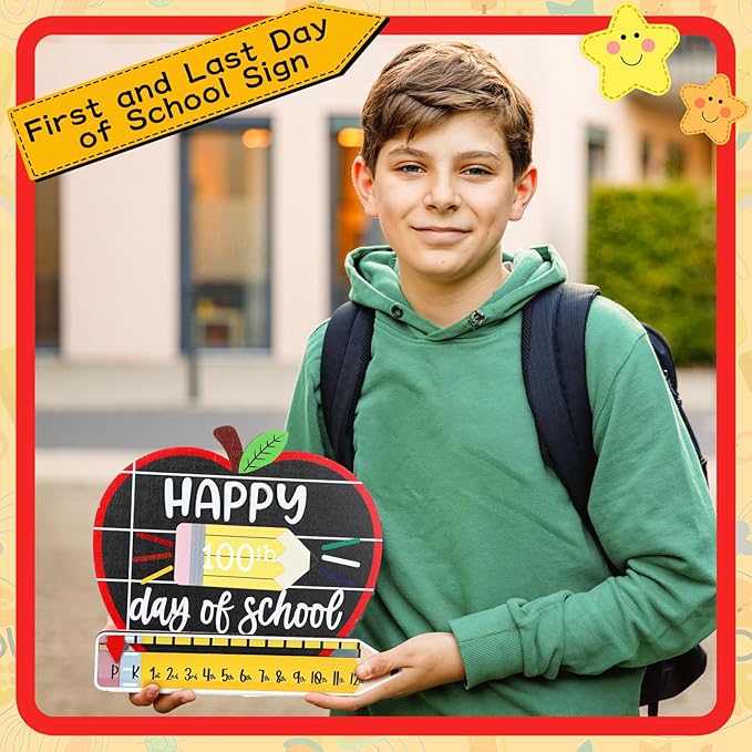 Kosiz Apple First and Last Day of School Sign Back to School Board Gifts Round Wooden First Day of Sign Reusable Dry Erase 8''