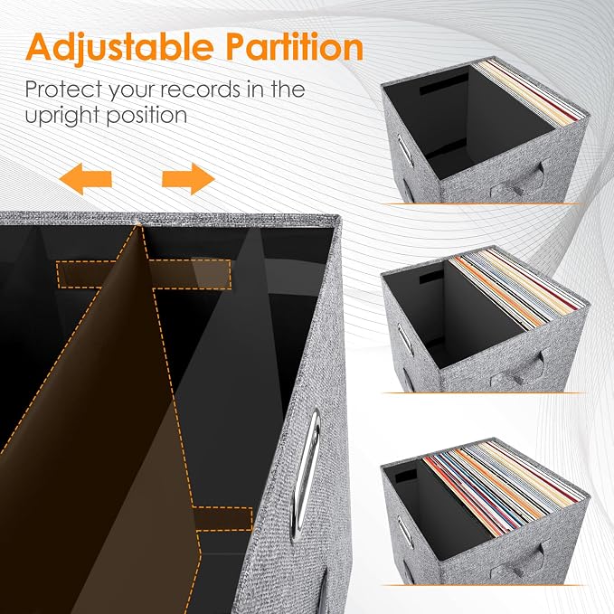 Vinyl Record Storage Box Set of 2 - for 100+ Single LPs (12-Inch), Stackable Albums Linen Crate with Lid, Play Music Collection Holder, Document File Folder Cabinet Organizer Case with Handle