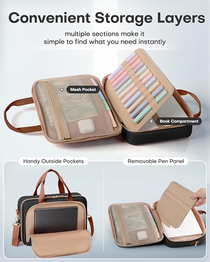 HOTOR Bible Cover - Multi-Pocket Bible Bag for Women Organizer with Bookmark, Portable Bible Case with Handles & Adjustable Shoulder Strap, Useful Gift for Work, Commute, 13.4'' x 4.7'' x 9.8'', Black