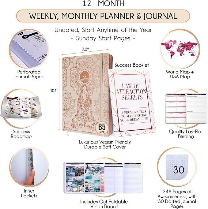 Deluxe Weekly and Monthly Planner | Law of Attraction Planner with Productivity App | 12-Month for Productivity, Gratitude & Goal Setting | Includes Foldable Vision Board, Gift Box & Stickers