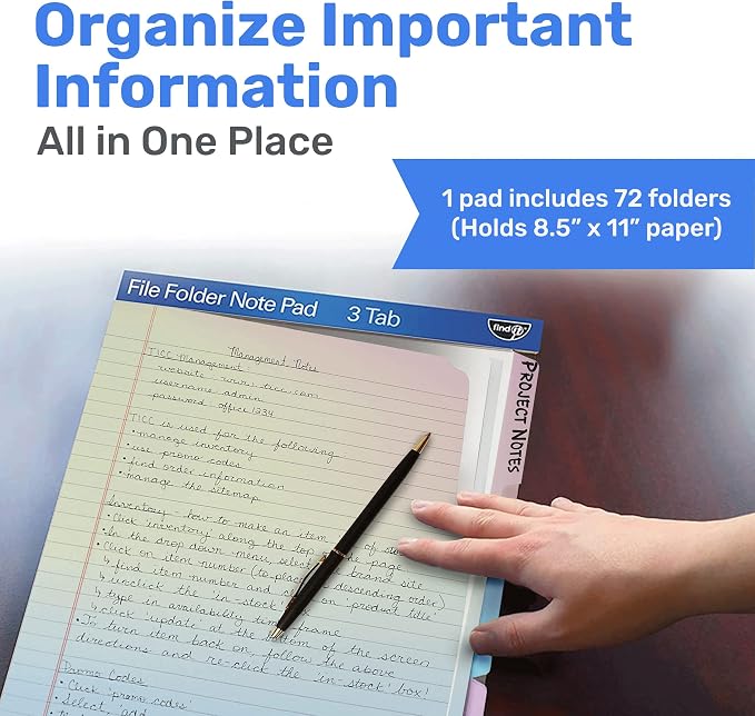 Find It File Folder Notepad - Pack of 72-9.5 x 12.5 Inch Notebook Organizer Folders for Filing, Document, and Clipboard Organization - Rainbow