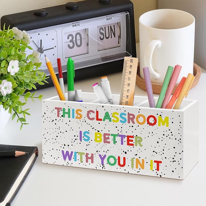 Classroom Pen Holder, Motivational Pen Pencil Holder Organizer for Desk Accessories, This Classroom Is Better with You In It Wooden Box Desk Decor for Kids Room Bedroom Desk Decorations