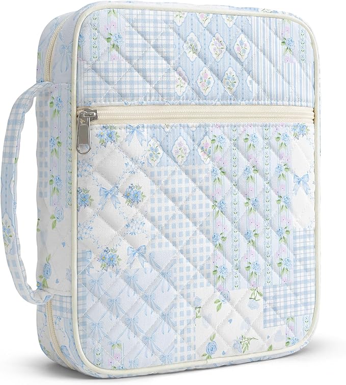 shirabags Quilted Bible Cover Case for Women - Elegant Cotton Bible Bag for Study, Church, Christian Gifts for Women (Blue Floral Bow Patchwork, M)