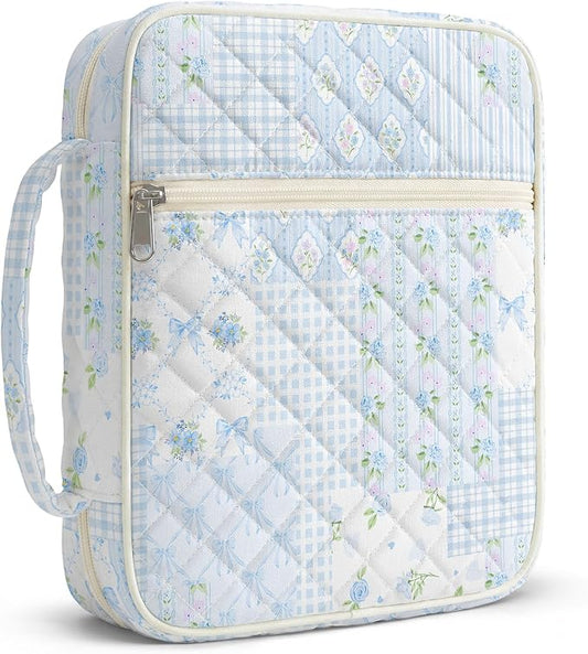 shirabags Quilted Bible Cover Case for Women - Elegant Cotton Bible Bag for Study, Church, Christian Gifts for Women (Blue Floral Bow Patchwork, M)
