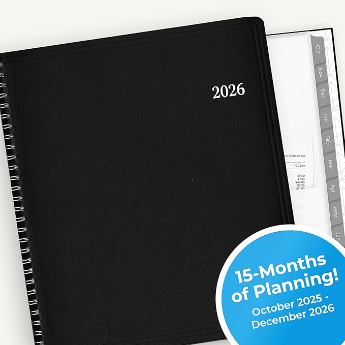 Blue Sky 2026 15-Month Monthly Planner Calendar, October 2025 - December 2026, 8” x 10”, Durable Faux Leather Cover, Laminated Tabs, Concealed Wirebound, Storage Pocket, Enterprise