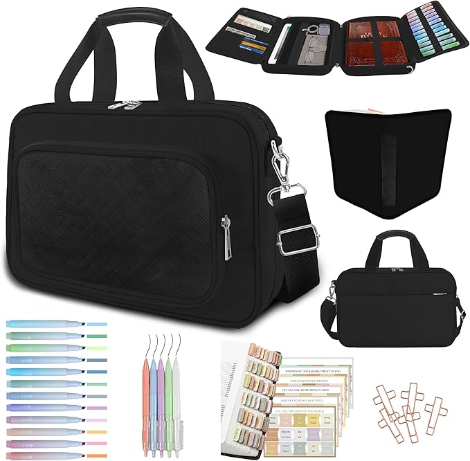 Bible Cover Case for Men Women with Highlighters Tabs Pens Cross Clips Large Church Bag with Zippered Pocket and Handle, Bible Study Supplies Bible Journaling Kit Book Carrying Case (Black)