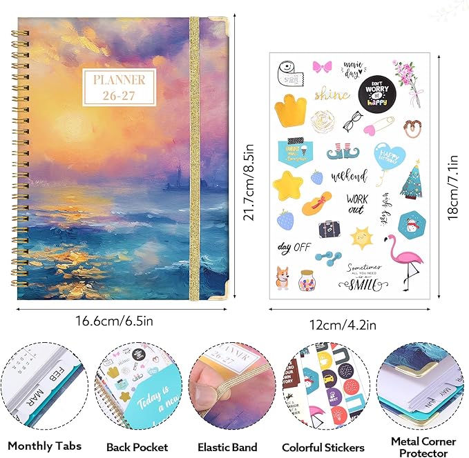 2026-2027 Planner, Weekly and Monthly Planner, July 2026-June 2027, Calendar Planner A5 (6.1" x 8.4") with Tabs, Inner Pocket for Home School Office Supplies, Sunrise